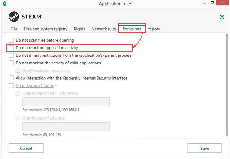  نحوه تنظیم قوانین و استثنائات Steam در امنیت اینترنت Kaspersky 